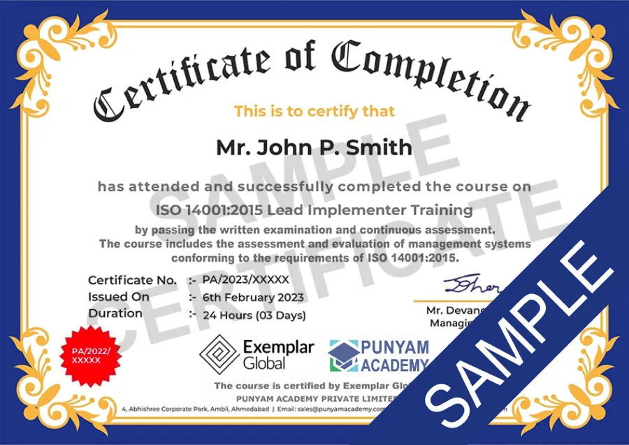 Certificate ISO 14001:2015 Implementer Training